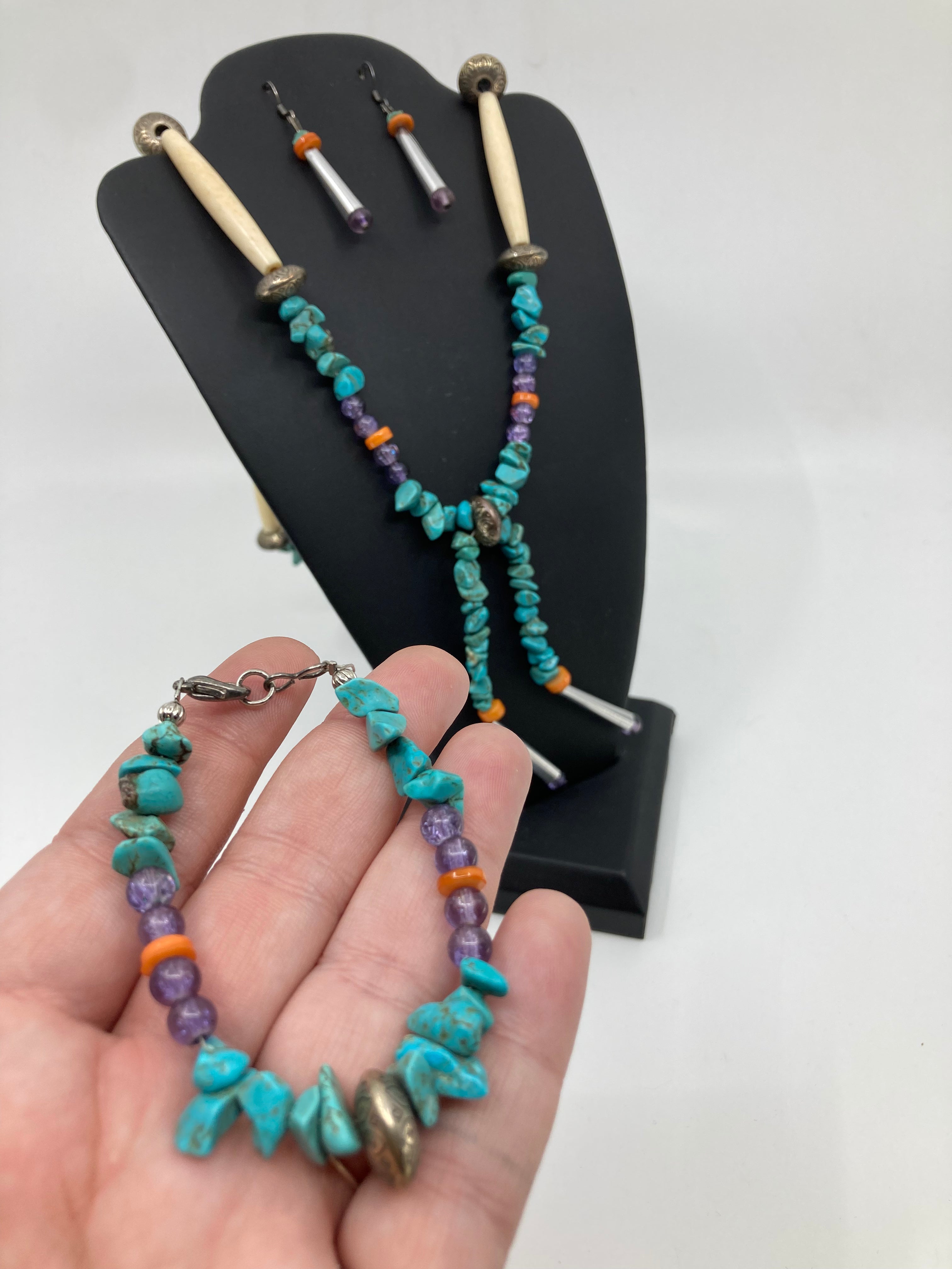 Handmade Beaded Turquoise Bracelet, Earring & Necklace Jewelry Set PSTPS04
