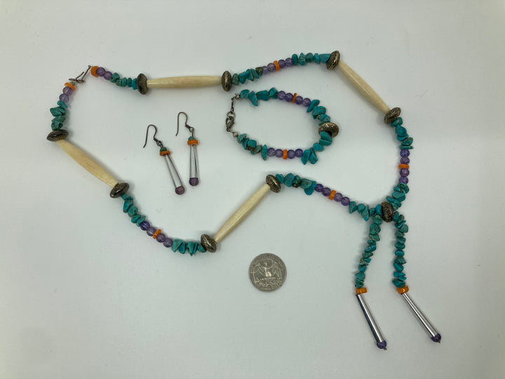 Handmade Beaded Turquoise Bracelet, Earring &amp; Necklace Jewelry Set PSTPS04