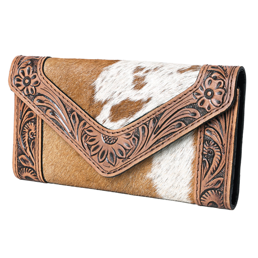 Ohlay Wallet KBG257 hand-tooled leather with cowhide hair-on and floral carvings, durable YKK zipper closure.