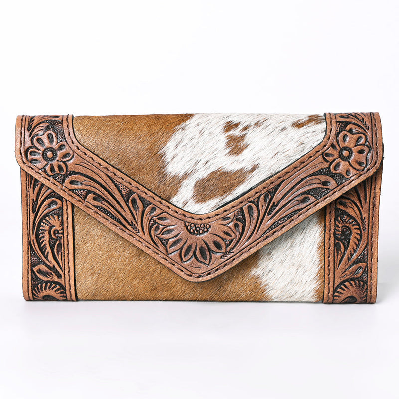 Ohlay Wallet KBG257 handmade top grain cowhide leather with carved floral design and cowhide hair-on finish