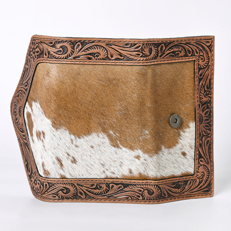 Ohlay Wallet with hand-tooled leather and genuine cowhide hair-on design, antique finish, and durable YKK zipper closure