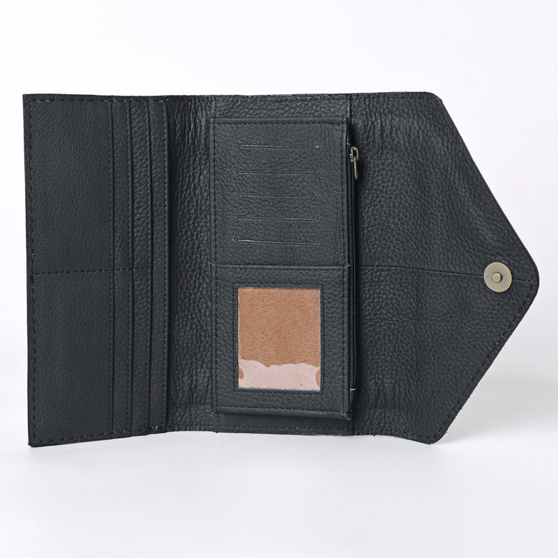 Black Ohlay Wallet KBG257 made of genuine top grain leather with detailed hand tooling and YKK zipper closure