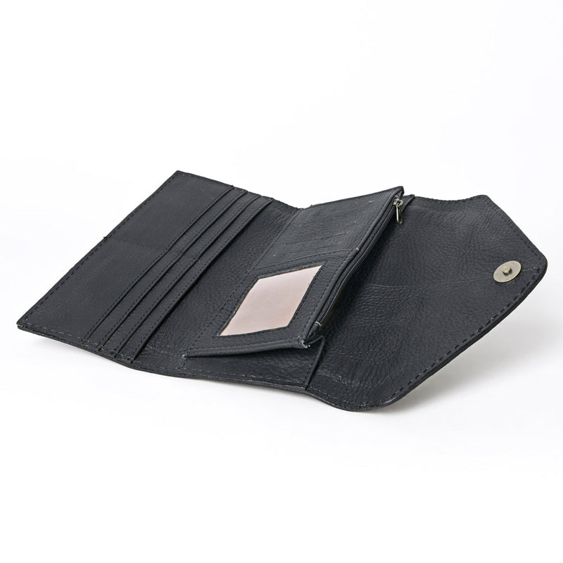 Ohlay Wallet black genuine top grain leather tri-fold with card slots and zipper pocket