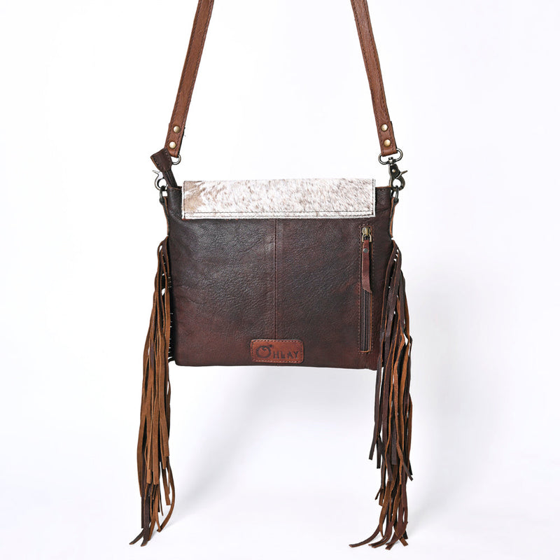 Ohlay Crossbody Bag made of floral embossed genuine leather with leather fringes and adjustable strap