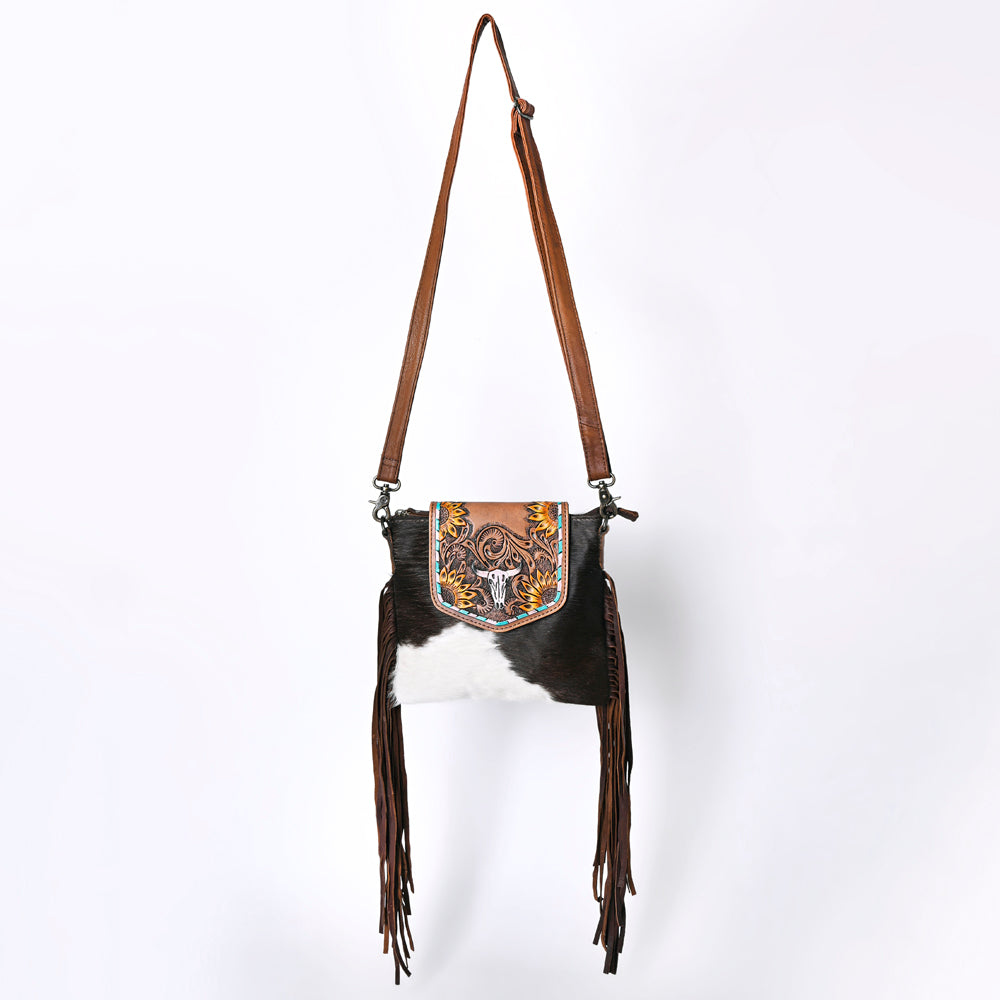 Ohlay Crossbody Bag KBG313 with leather fringes and cowhide hair-on embellishment.
