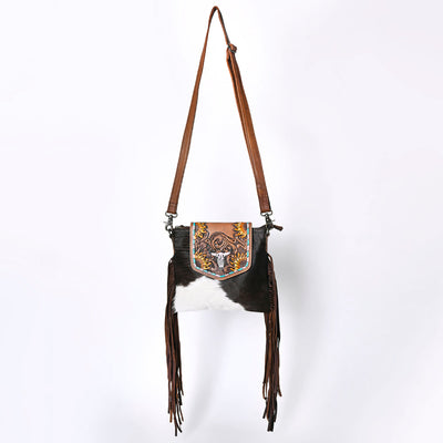 Ohlay Crossbody Bag KBG313 with leather fringes and cowhide hair-on embellishment.
