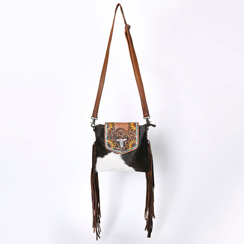 Ohlay Crossbody Bag KBG313 with leather fringes and cowhide hair-on embellishment.