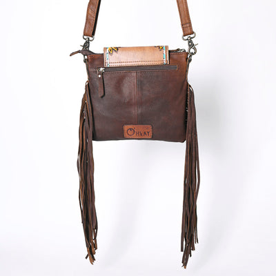 Ohlay Crossbody Bag KBG313 in genuine cowhide leather with fringe design, adjustable strap, and durable zipper closure.