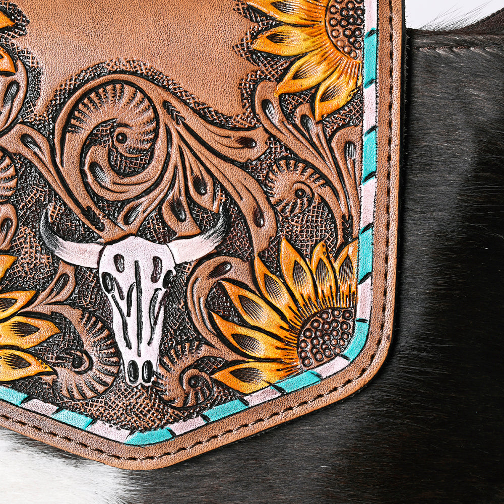 Ohlay Crossbody Bag KBG313 with hand-tooled cowhide leather, western design, and decorative fringes.