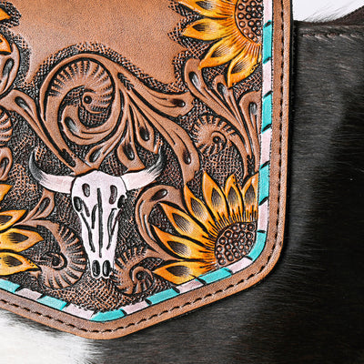 Ohlay Crossbody Bag KBG313 with hand-tooled cowhide leather, western design, and decorative fringes.