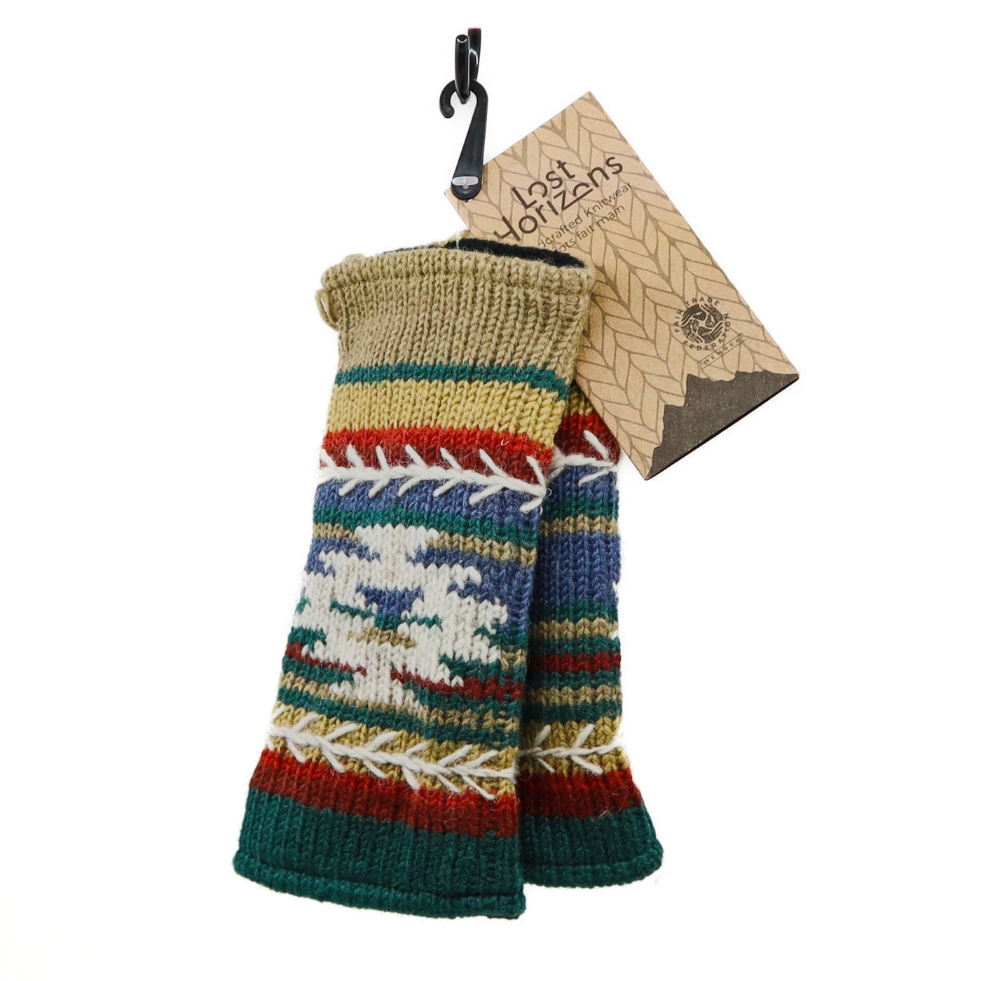 Blake Fingerless Gloves wool knit with Aztec patterns and feather stitch embroidery, fleece-lined for warmth and dexterity