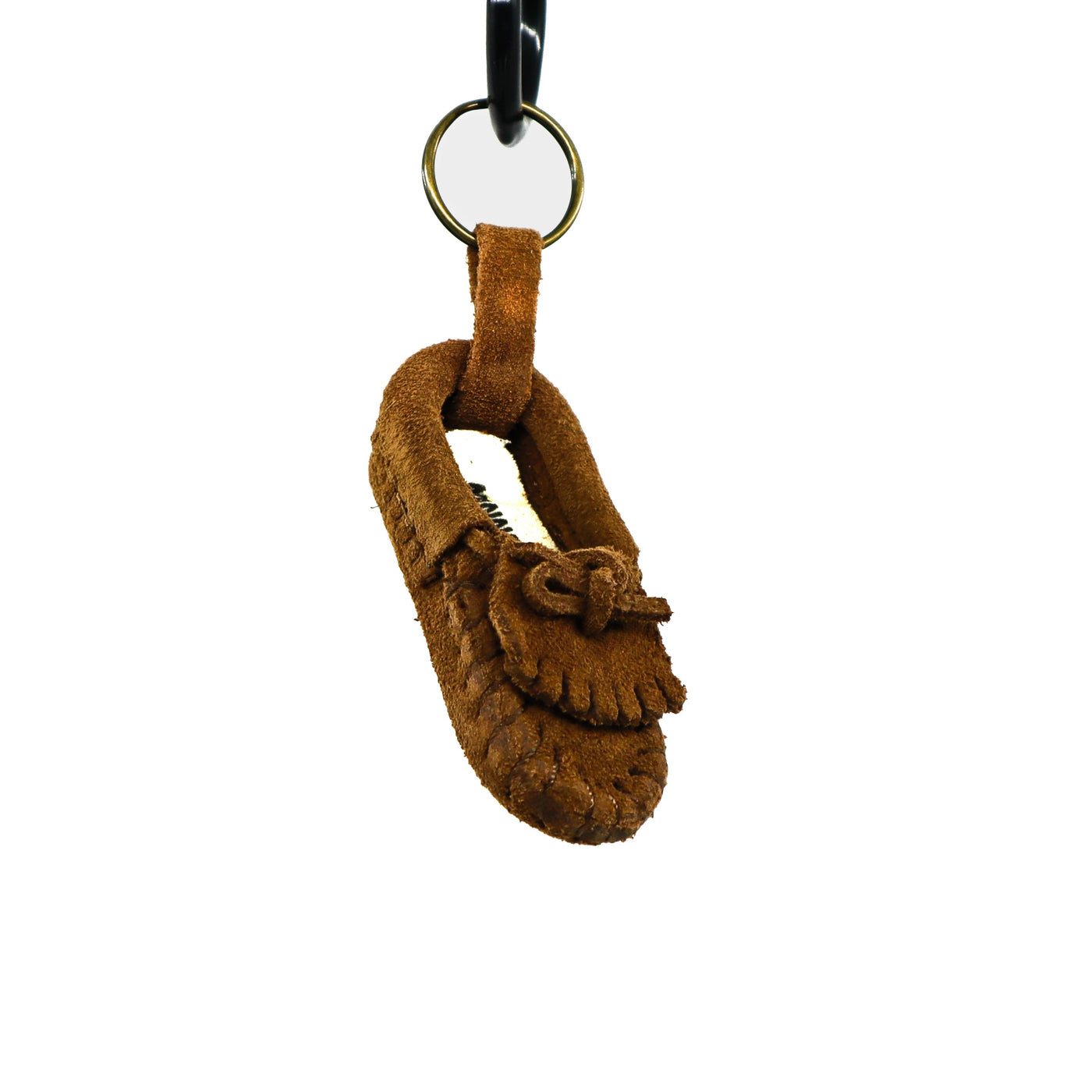 Brown suede moccasin Minnetonka key ring with gold metal ring