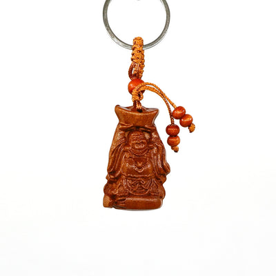 Natural mahogany wood keychain featuring a detailed 3D engraved Laughing Buddha with rope and bead design for good luck and prosperity