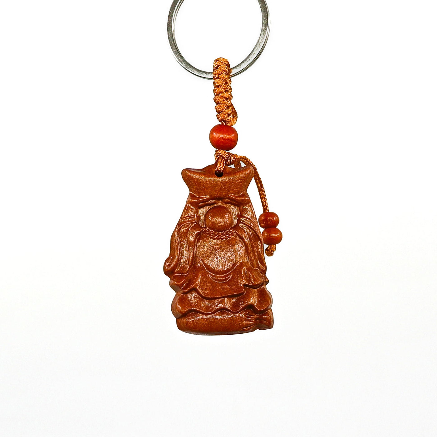 Natural mahogany wood keychain with 3D engraved Laughing Buddha charm and braided rope loop