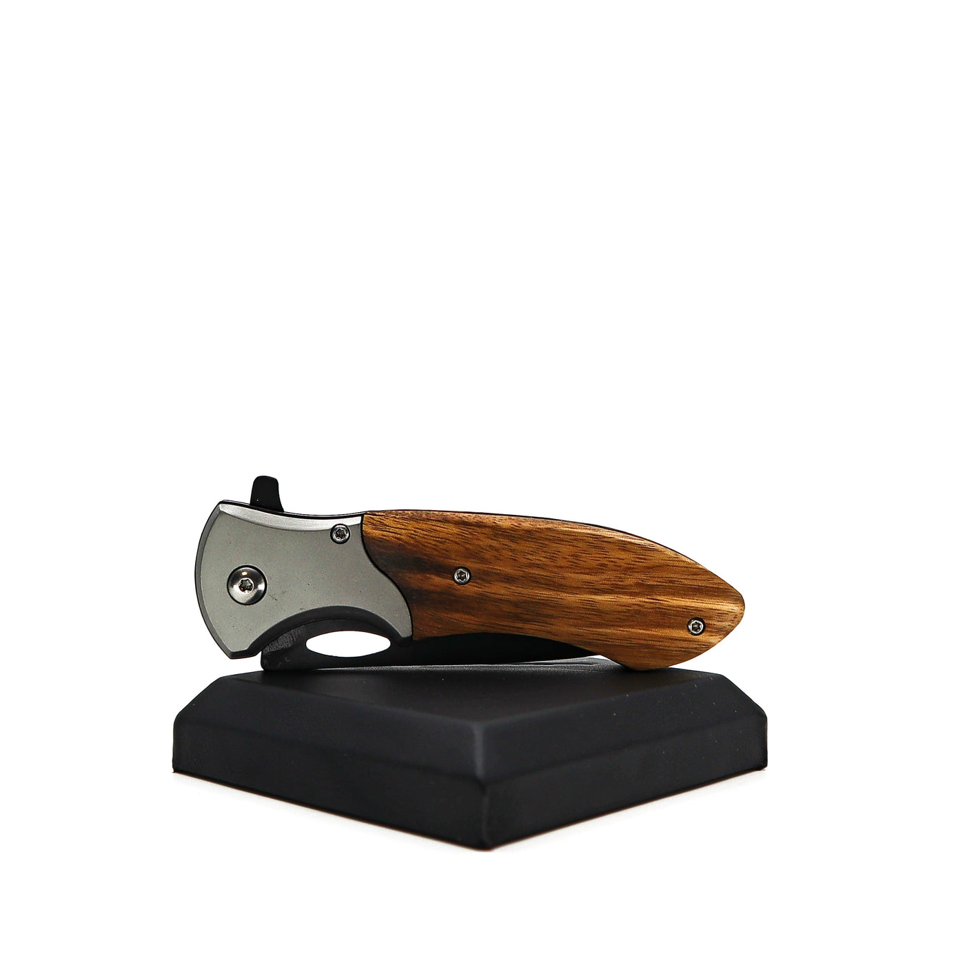 Tac Force Tactical Folding Knife with stainless steel blade and wooden pakkawood handle on black stand