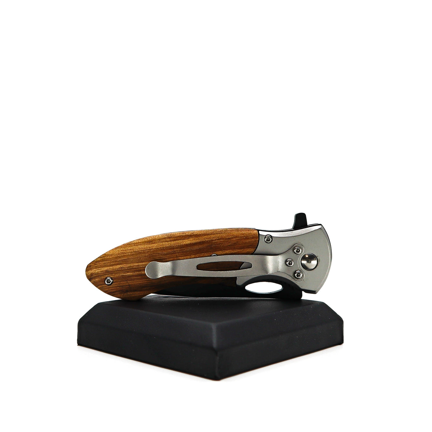 Tac Force Tactical Folding Knife with pakkawood handle, stainless bolster, and pocket clip on display stand