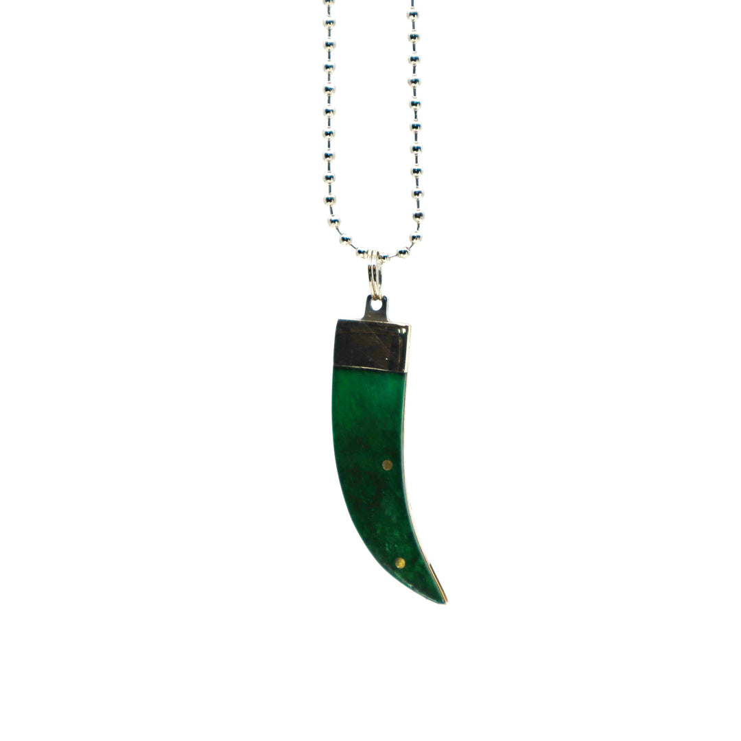Bear Claw Blue Knife necklace pendant with green handle and stainless steel blade on beaded chain