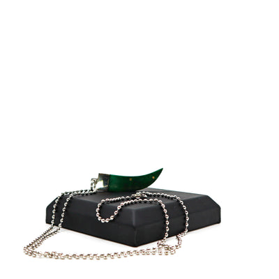 Bear Claw Blue Knife necklace with stainless steel blade and beaded chain on black gift box