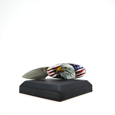 Compact Money Clip Linerlock knife with patriotic eagle design and stainless steel blade on black display stand