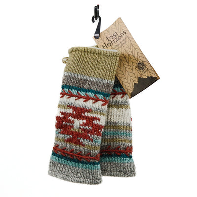 Blake Fingerless Gloves wool knit with Aztec patterns and feather stitch embroidery