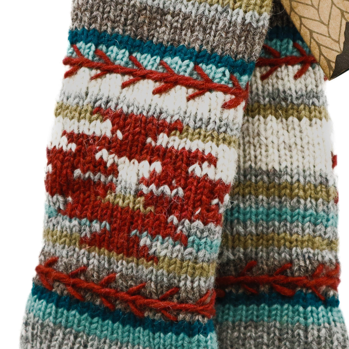 Blake Fingerless Gloves wool knit with Aztec pattern and red feather stitch embroidery