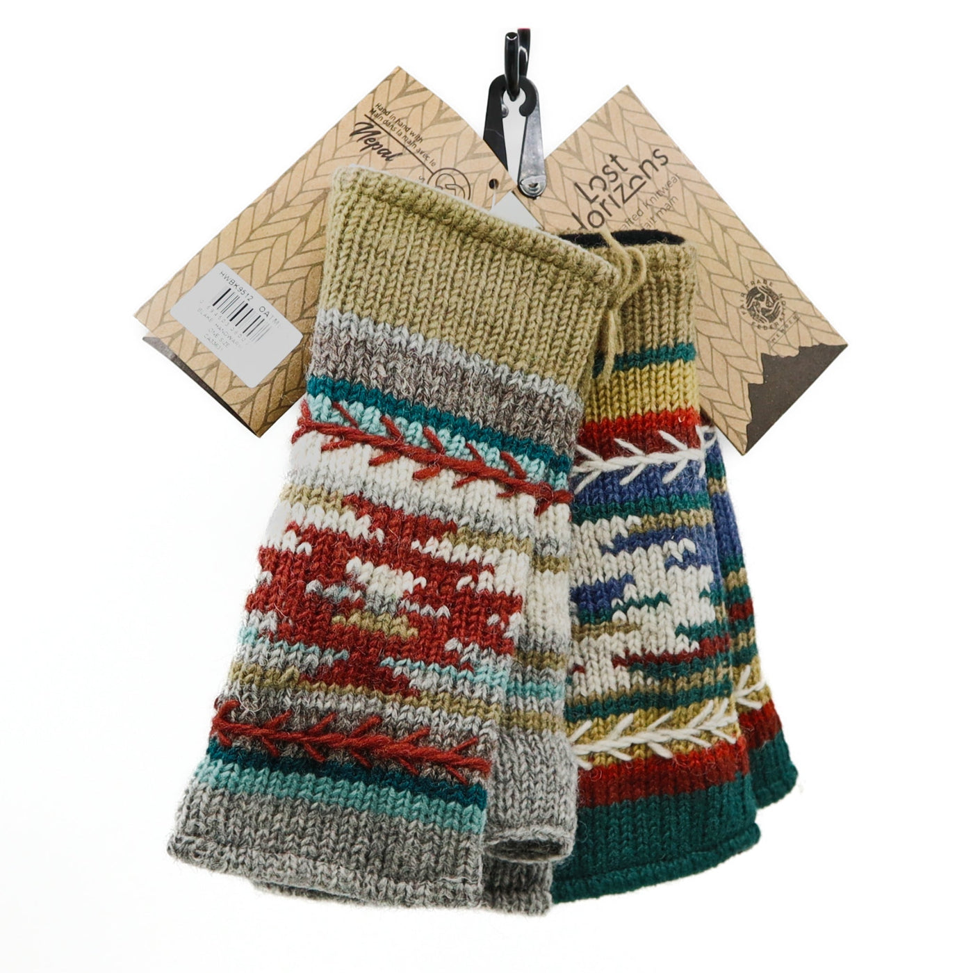 Blake Fingerless Gloves wool knit with Aztec patterns and feather stitch embroidery, fleece-lined for warmth and dexterity