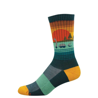 Nessie's Loch Socks featuring a colorful sunset design with Loch Ness monster and cushioned breathable merino wool blend for all-day comfort