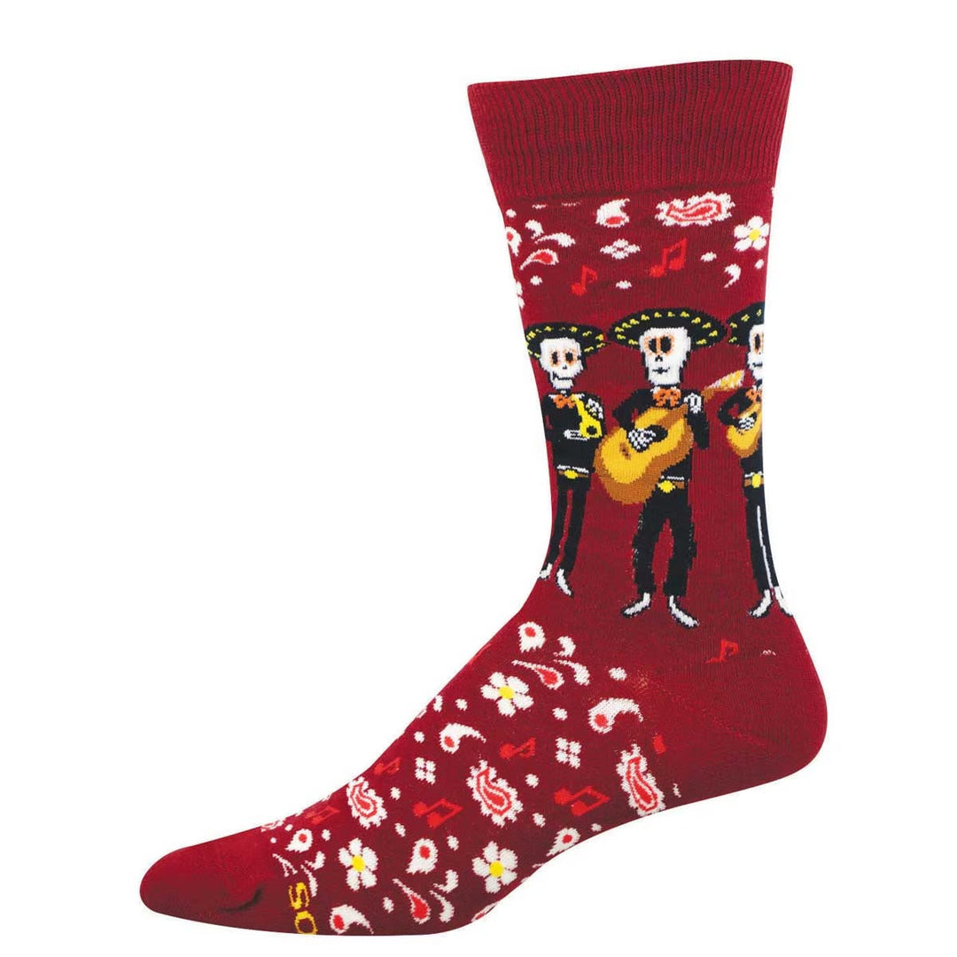 Red Muertos Mariachi Socks featuring skeleton mariachi musicians playing guitars with festive floral and musical note patterns