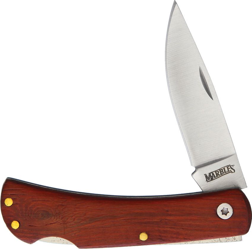 Wood Lockback tactical folding knife with satin finish stainless steel blade and brown wood handle