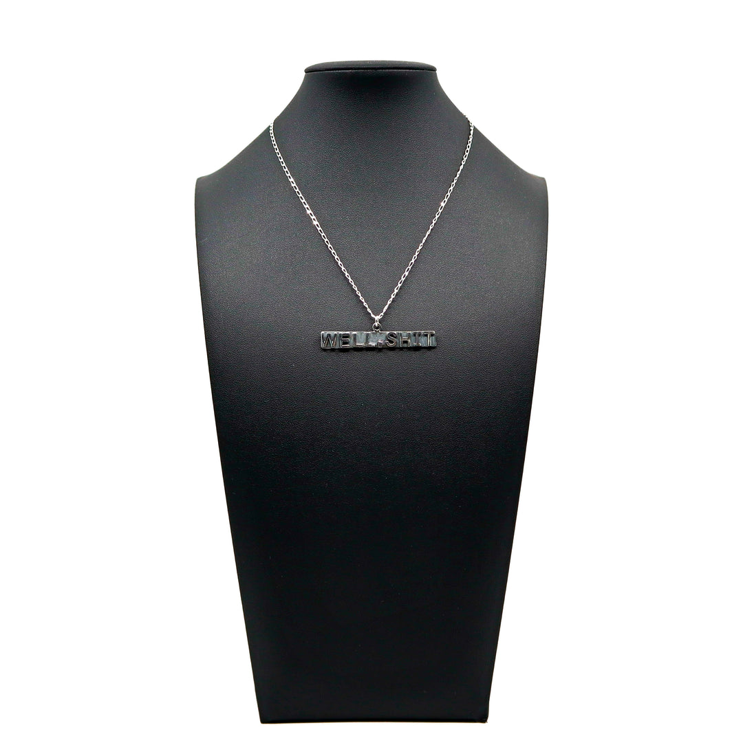 Handmade sterling silver necklace with "Well, S***" pendant on display bust