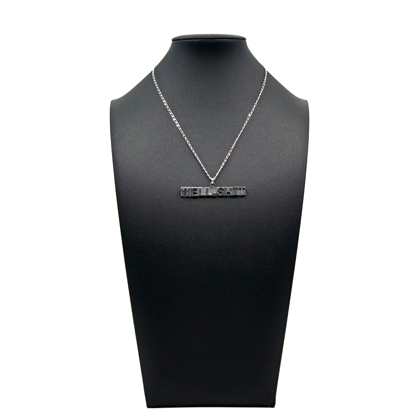 Handmade sterling silver necklace with "Well, S***" pendant on display bust