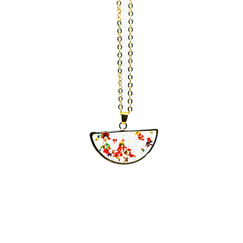 Transparent floral pendant necklace with colorful dried flowers and golden chain