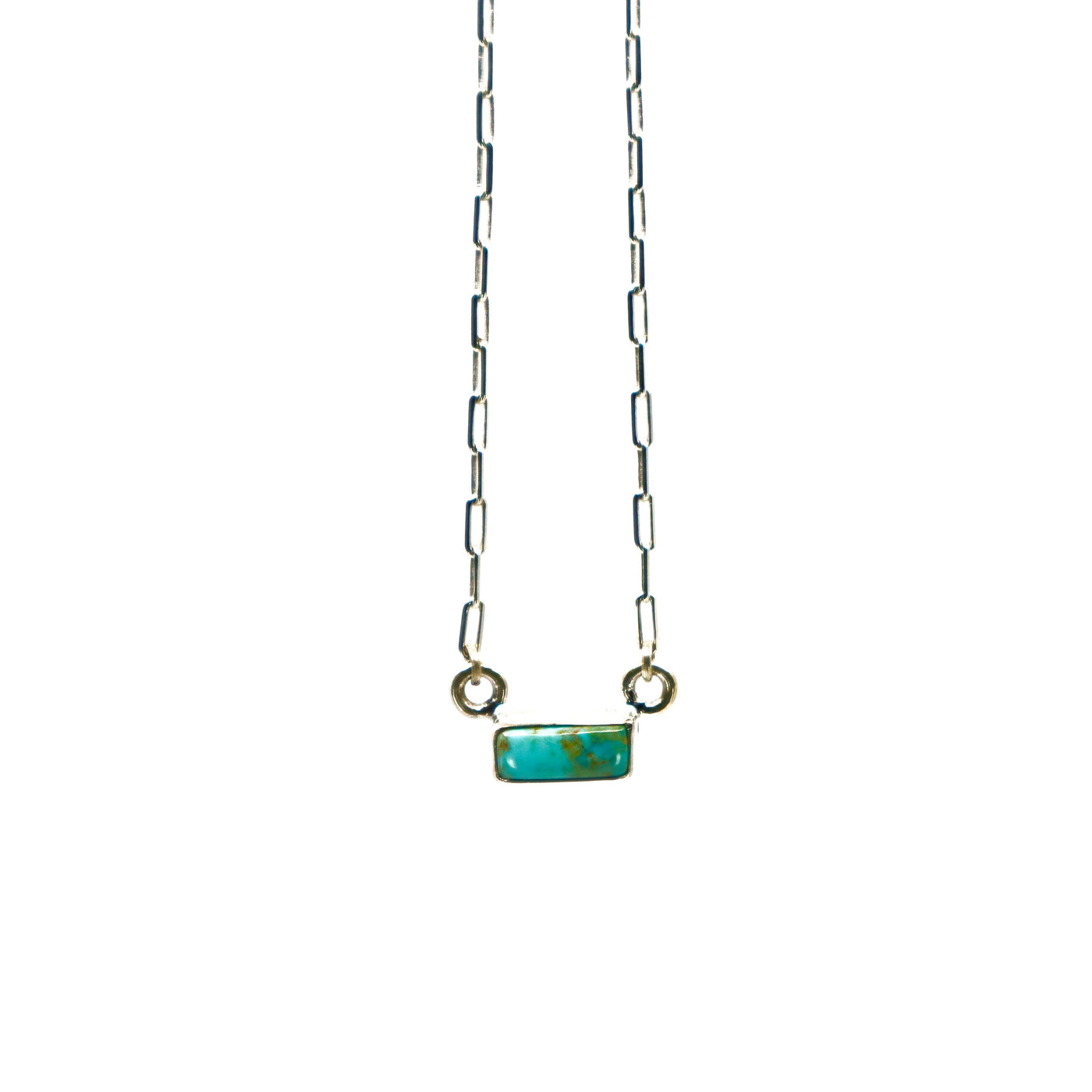 Handmade sterling silver necklace with small turquoise bar pendant