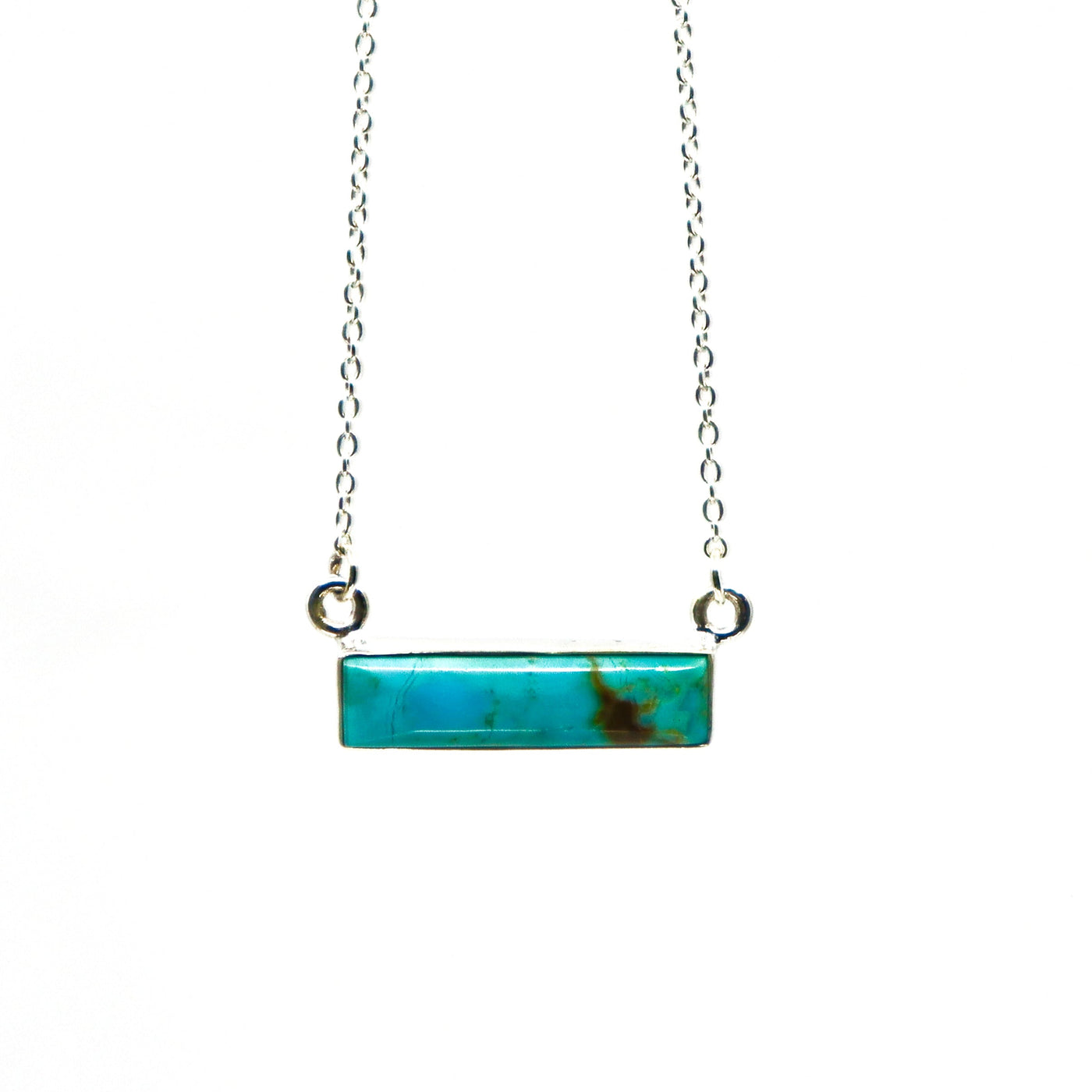 Handmade sterling silver necklace with large turquoise bar pendant on silver chain