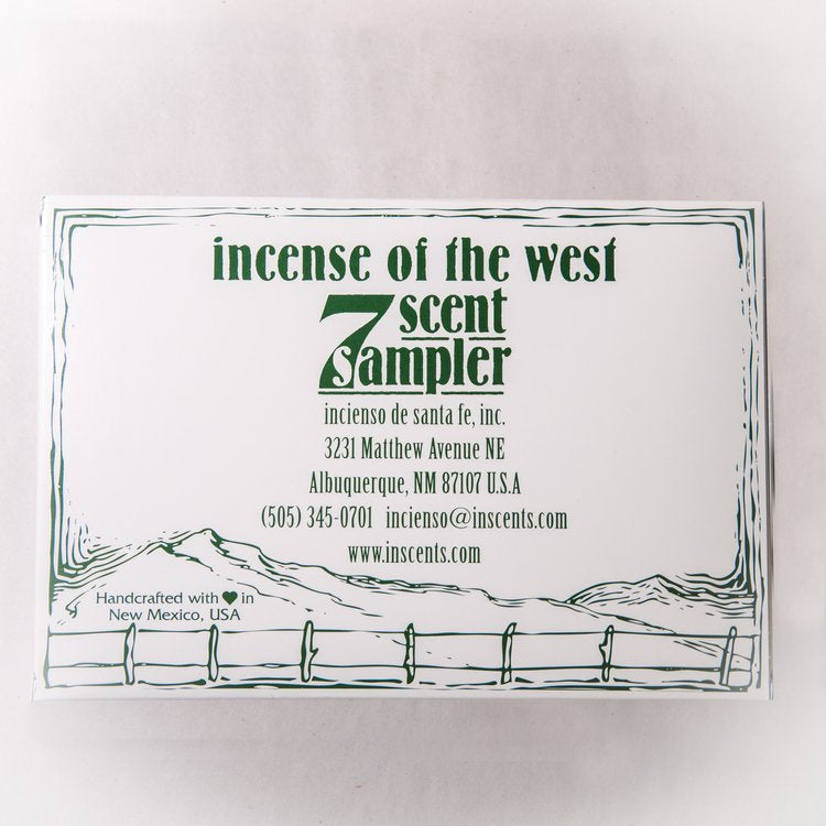 Wood Incense Bricks with Holders-Seven Scent Sampler R100 packaging displaying "Incense of the West 7 Scent Sampler" text and contact information.