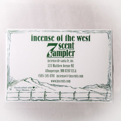 Wood Incense Bricks with Holders-Seven Scent Sampler R100 packaging displaying "Incense of the West 7 Scent Sampler" text and contact information.