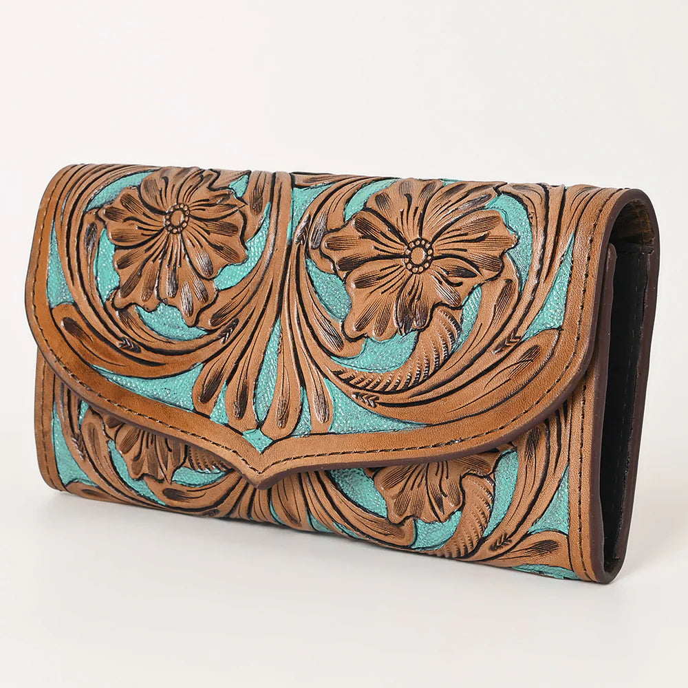 Ohlay Wallet OHG159 with hand-tooled genuine cowhide leather and floral design.