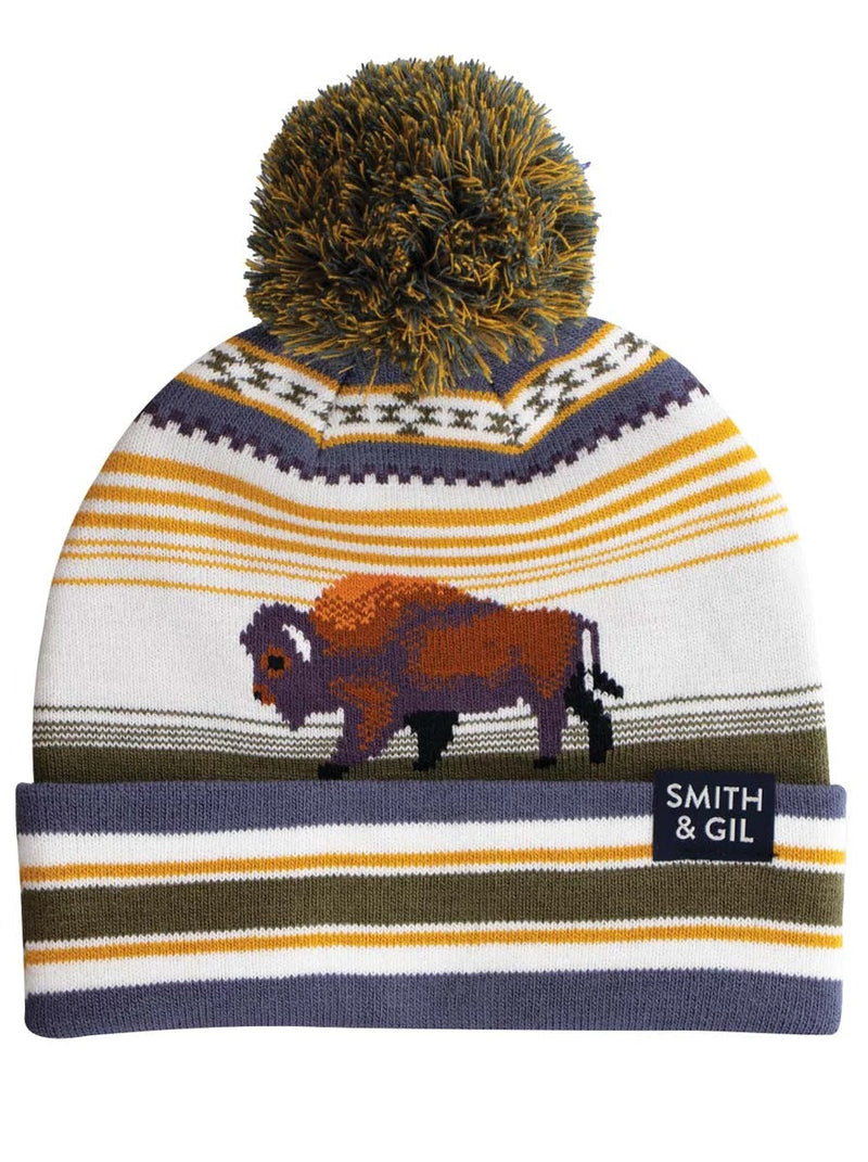 Bison in the Tundra beanie with tribal stripes, pom pom, and bison design, cozy knit winter hat