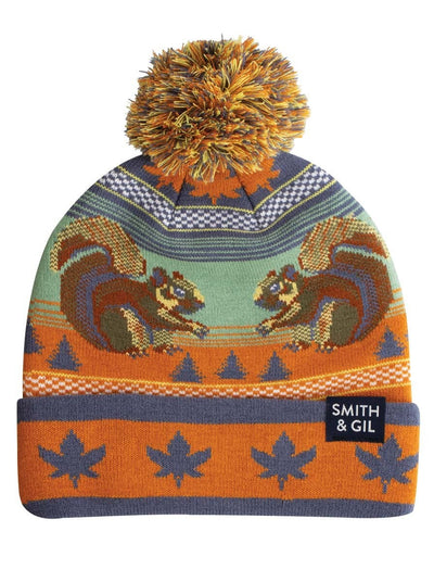 Oh Look, Squirrel! knit cap with pom pom, squirrel design, orange and green warm beanie by Smith & Gil