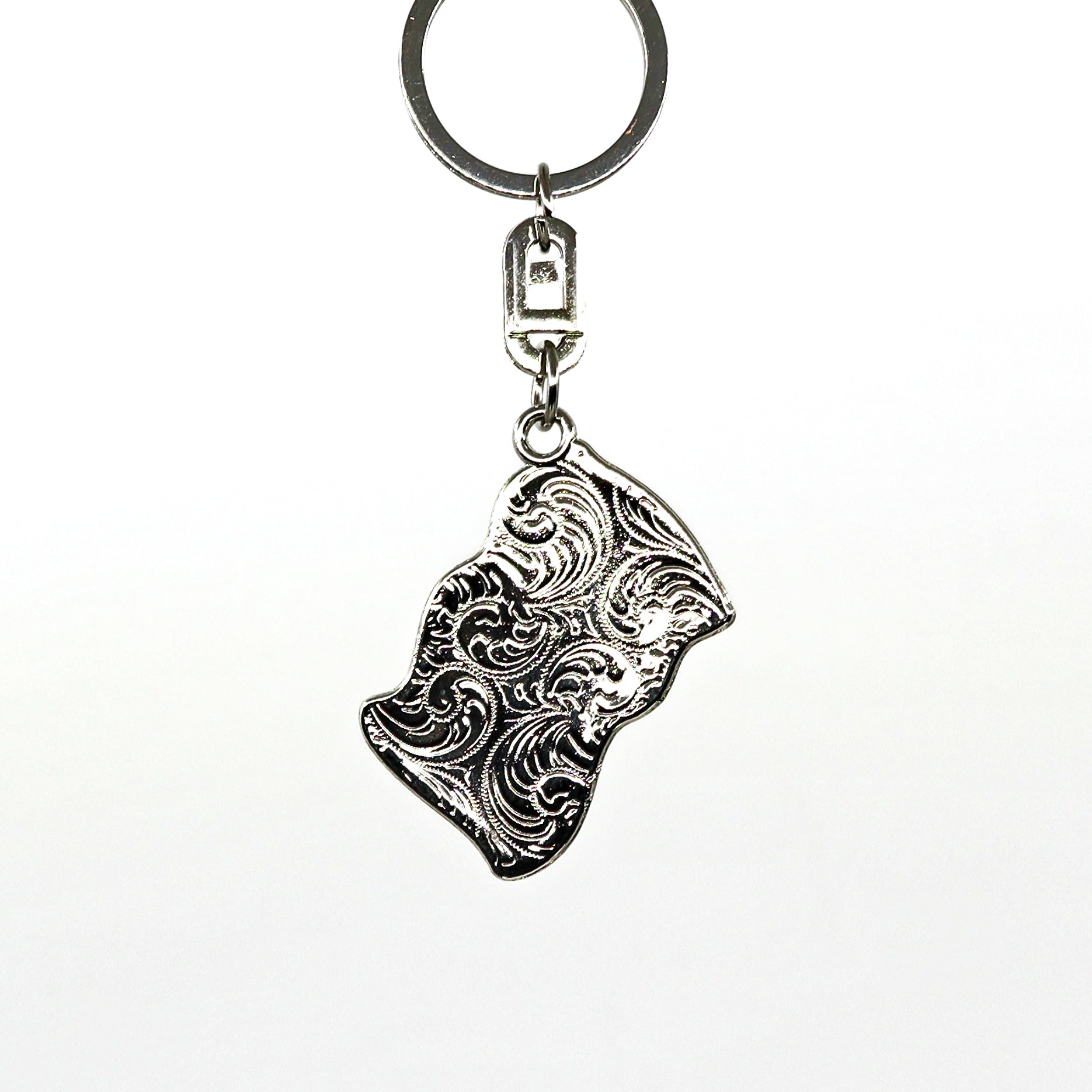 Silver decorative American Flag Key Ring with intricate swirl design