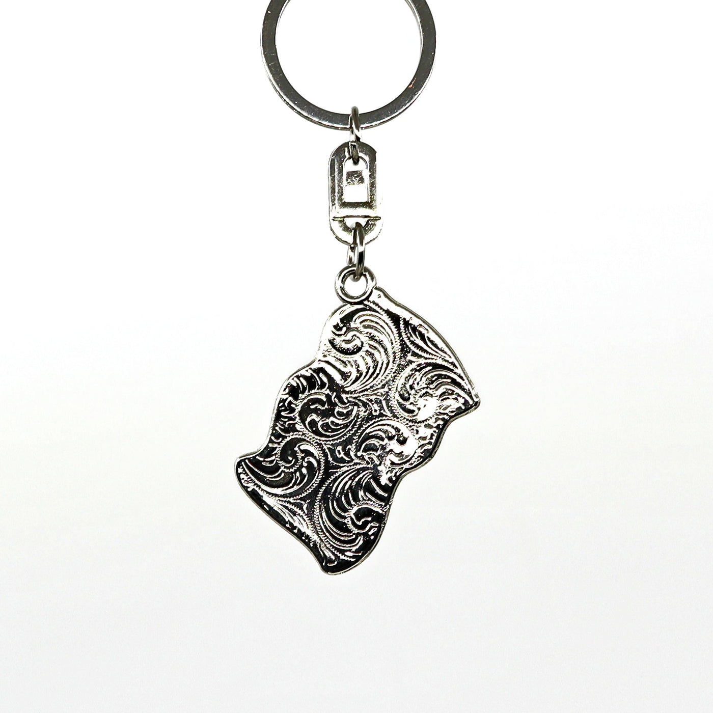 Silver decorative American Flag Key Ring with intricate swirl design