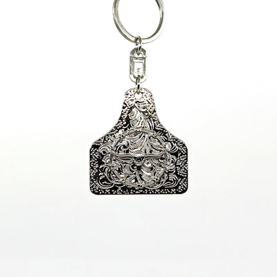 Long Horn Key Ring with intricate engraved design and silver metal finish for stylish key organization
