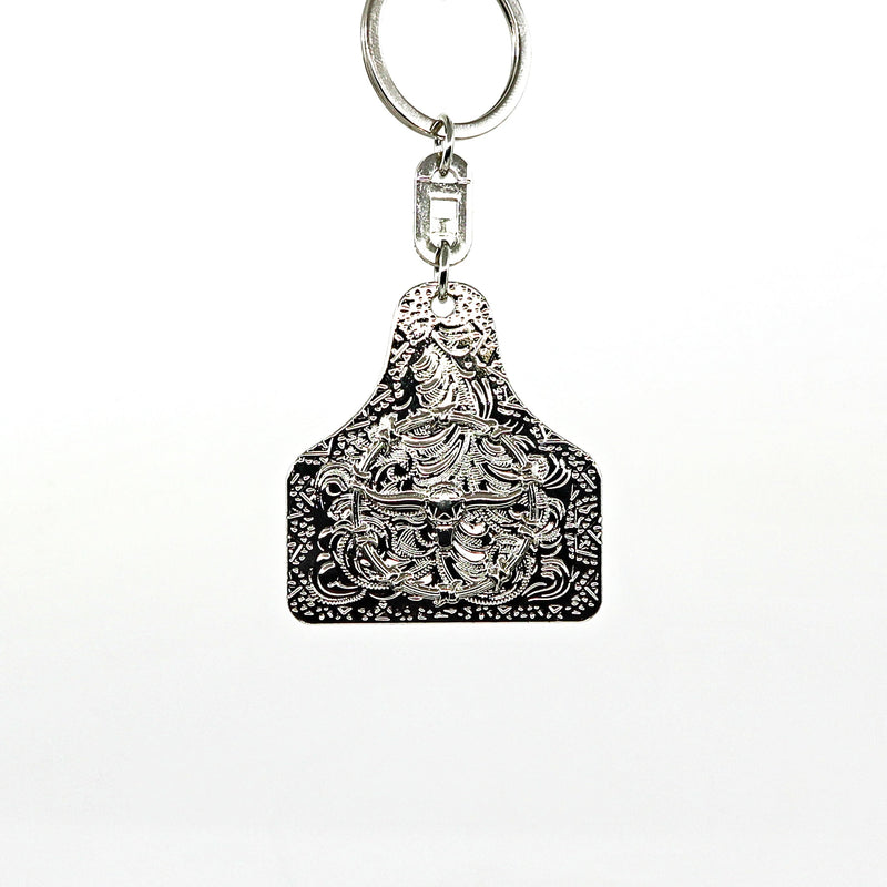 Long Horn Key Ring with intricate engraved design and silver metal finish for stylish key organization