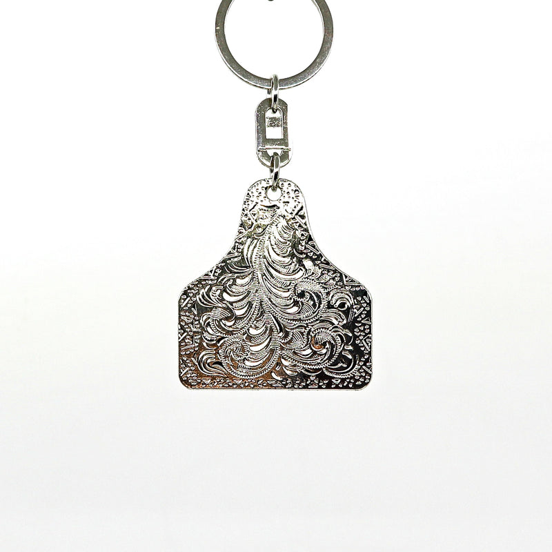 Long Horn Key Ring with intricate engraved design on metal keychain accessory