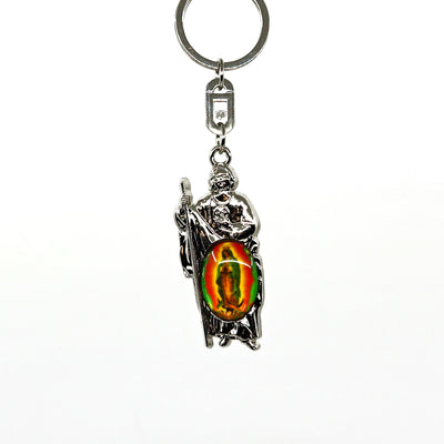 Saint Key Ring featuring a silver-toned saint figure with a colorful oval emblem, durable and stylish keychain accessory.
