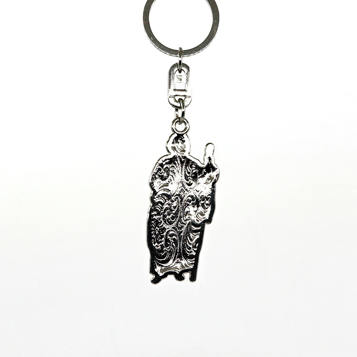 Saint Key Ring with intricate engraved saint figure pendant on metal keychain