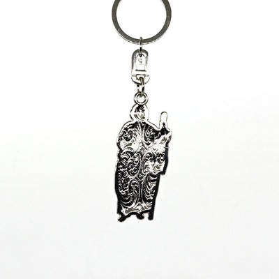 Saint Key Ring with intricate engraved saint figure pendant on metal keychain