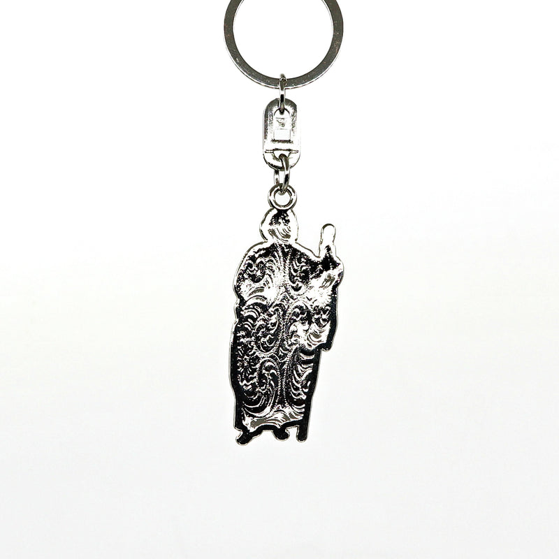 Saint Key Ring with intricate engraved saint figure pendant on metal keychain