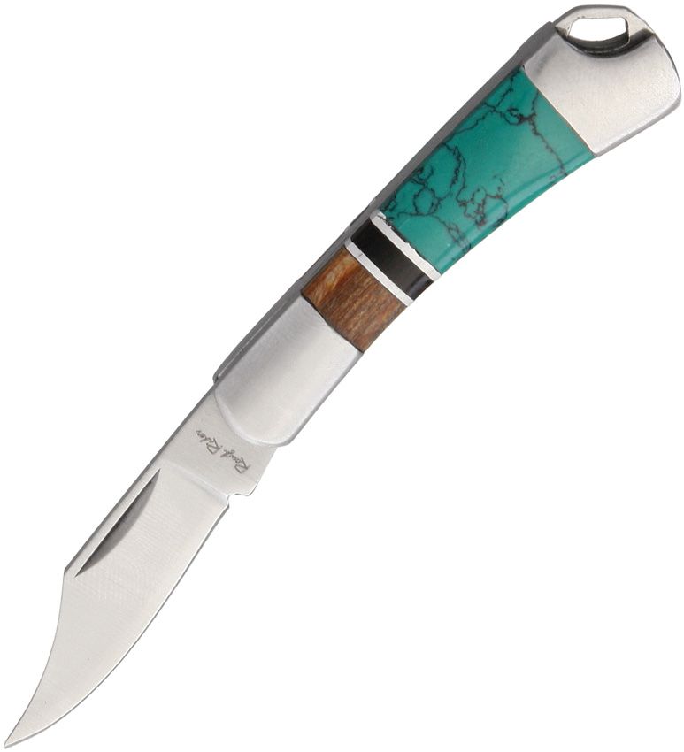 Turquoise Mini Folder Knife – 2" Closed, Turquoise & Brown Wood Handle, -RR1473