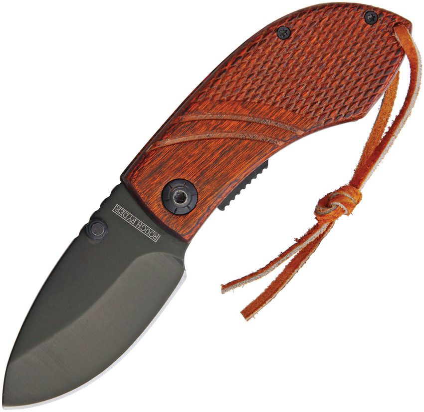 Linerlock Wood Knife with black stainless steel blade and checkered brown wood handle with leather lanyard.
